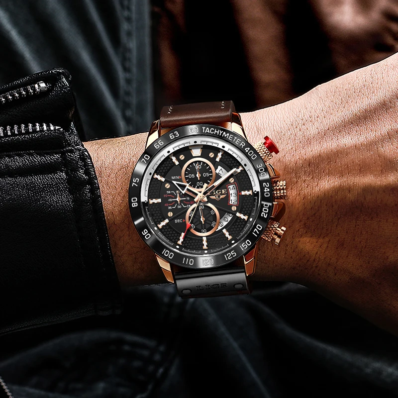 LIGE Fashion Sport Chronograph zegarek Kwarcowy Zegarek Wojskowy Luksusowe Brązowe skórzane Zegarek Dla mężczyzn Dorywczo świecące Zegar Male 2020 Relojes