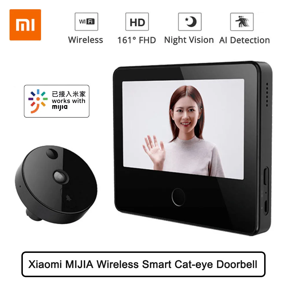 Xiaomi MIJIA Wireless Smart Cat-eye 720P 161 FHD Video Doorbell z 5-calowym ekranem dotykowym, AI Face & PIR Movement Detection 5000m