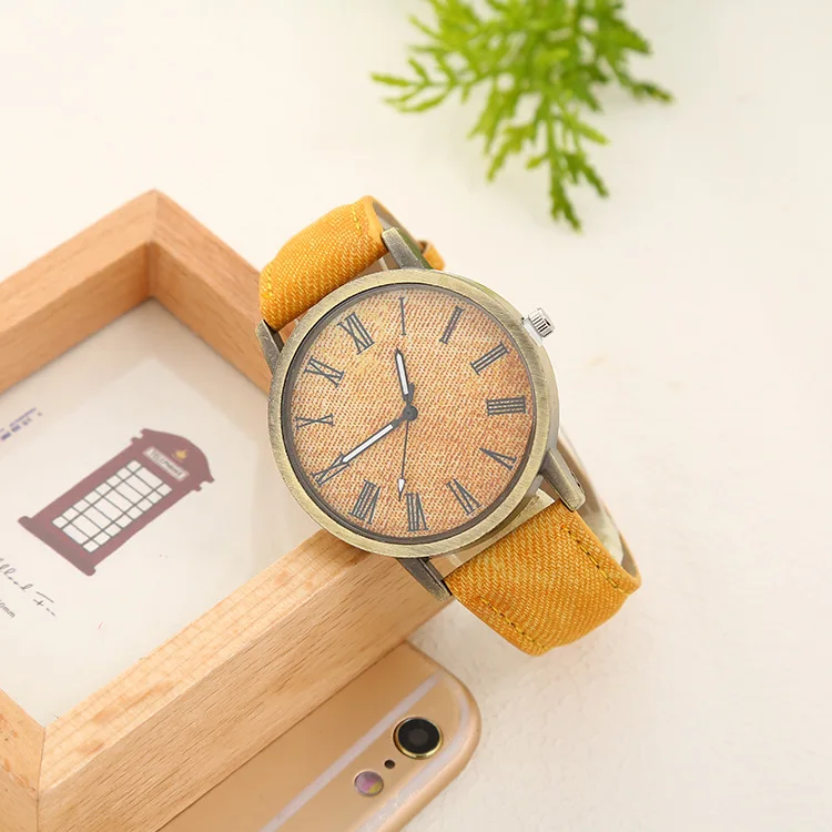 Denim skórzany pasek zegarek z brązu zegarek moda student zegar plama sprzedaż hurtowa zegarek kwarcowy